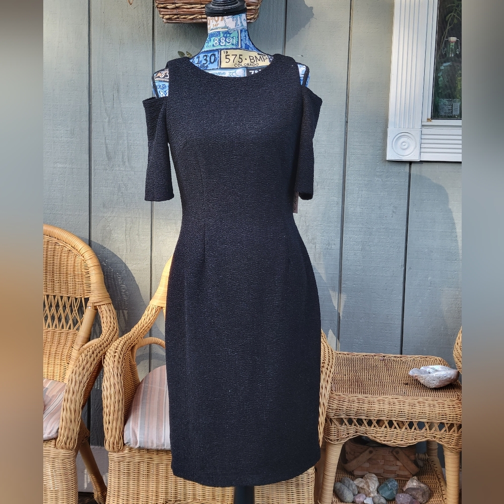 NWT Eliza J Black Sparkle Knit Cold Shoulder Sheath Bodycon Midi-Dress Size 8